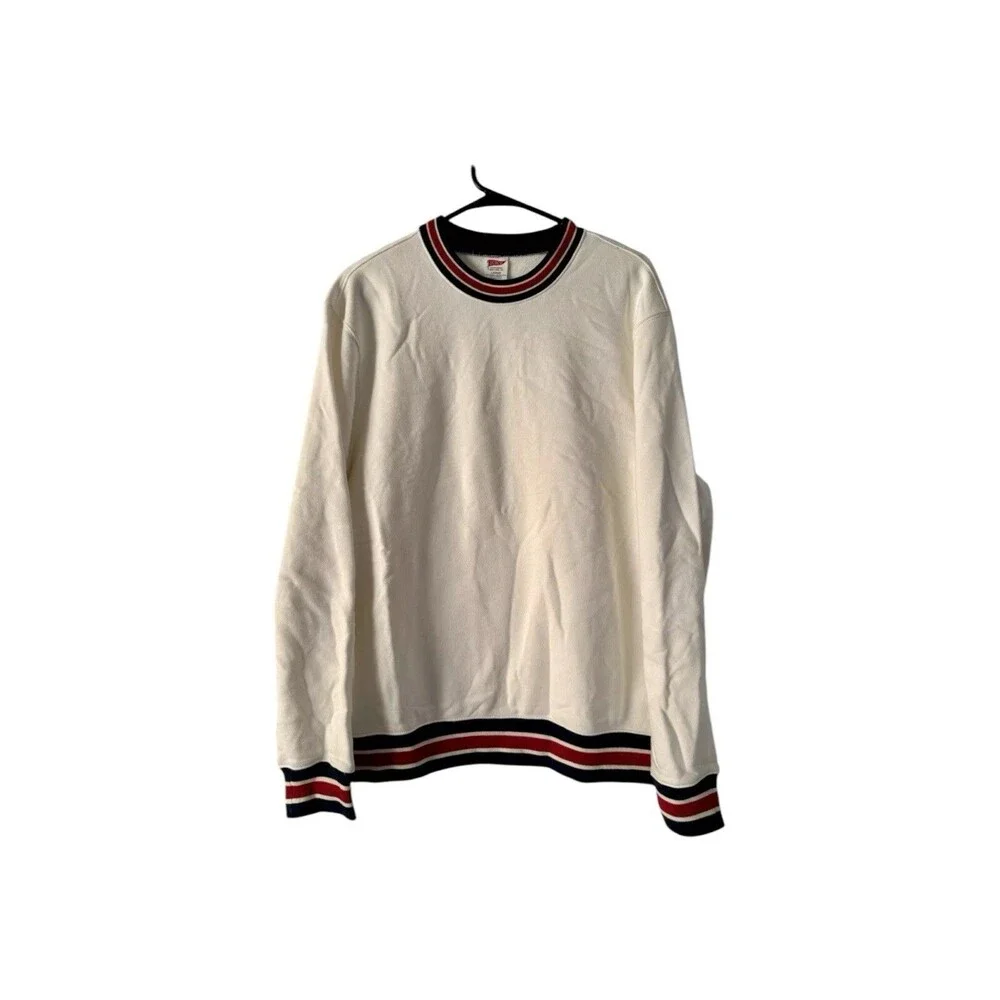J Crew Heritage White Fleece Sweatshirt with Jacquard Rib Trim